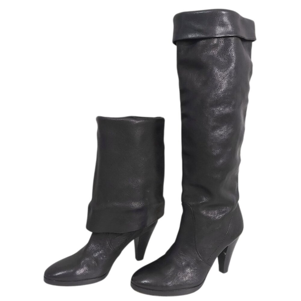 Michael Kors Women Slouchy Foldable Knee High Heeled Boots Size 7  Black Leather